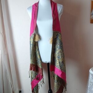Women’s Pink and Gold Patterned Tassel Scarf Vest (Reversible)